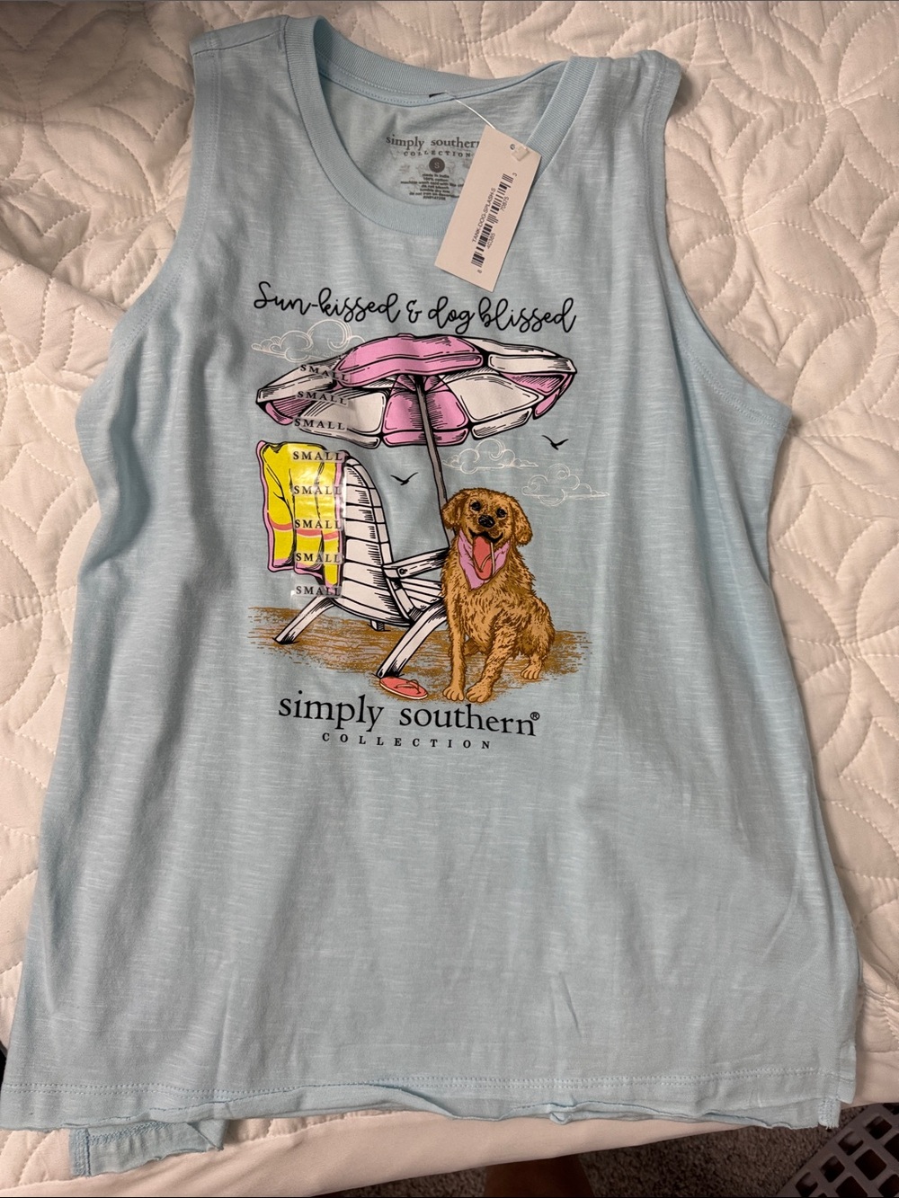 Simply Southern Light Blue Tank with Beach Dog Graphic and Pink Umbrella